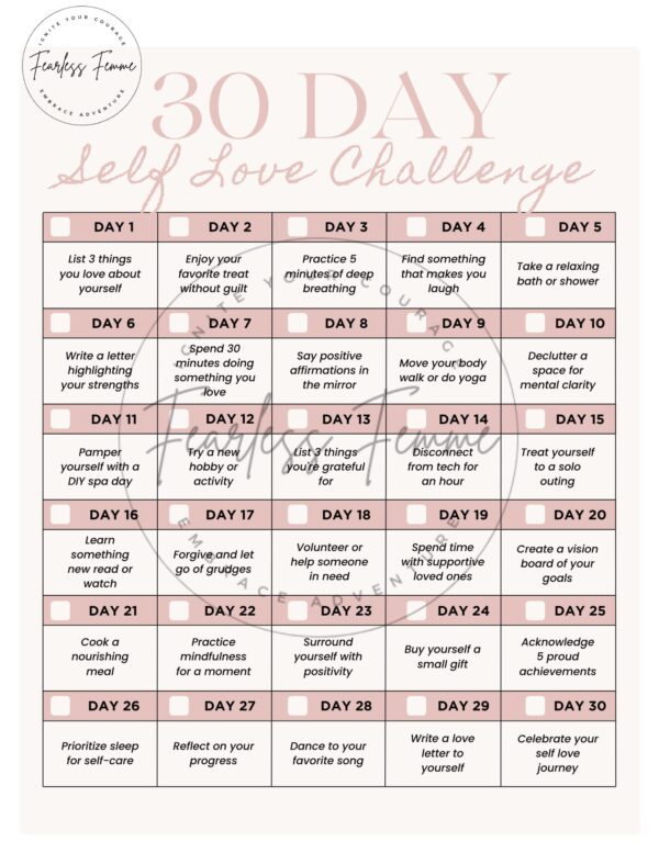 30 Day Self Love Challenge Sheet - Fearless Femme