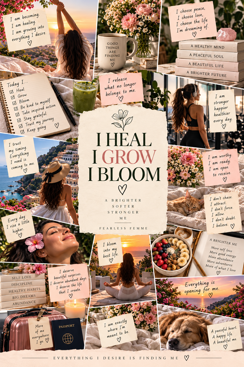 I Heal I Grow I Bloom affirmation collage for a 2027 vision board with sunset, flowers, and healing affirmations