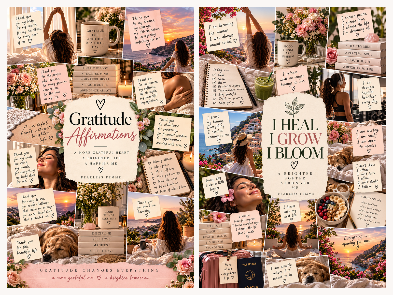 2027 vision board ideas: gratitude affirmations and I Heal I Grow I Bloom affirmation collages for women