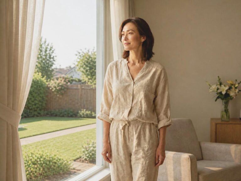 Woman in her 40s standing peacefully near a window, representing becoming confident and grounded after divorce.