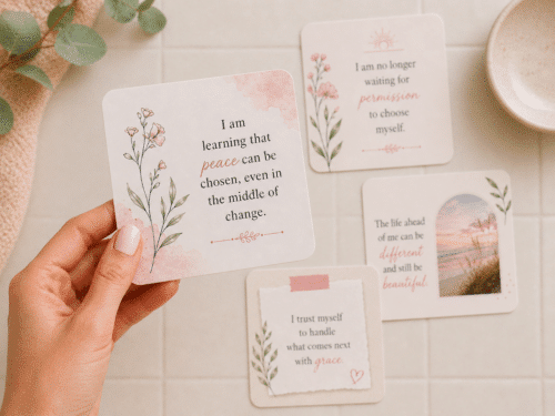 Soft feminine printable affirmation cards with positive words for self care, healing, new beginnings, and daily emotional support.