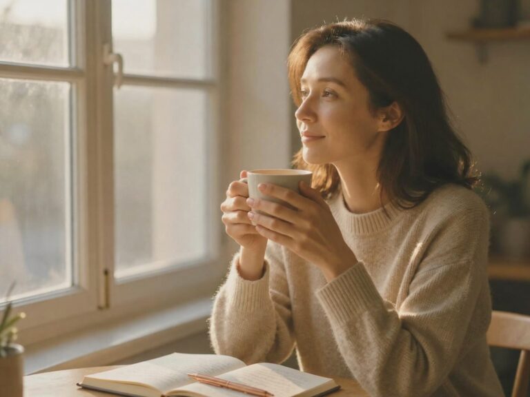 Woman sitting quietly by a window with a journal, reflecting on feeling lost after divorce and beginning to find herself again.