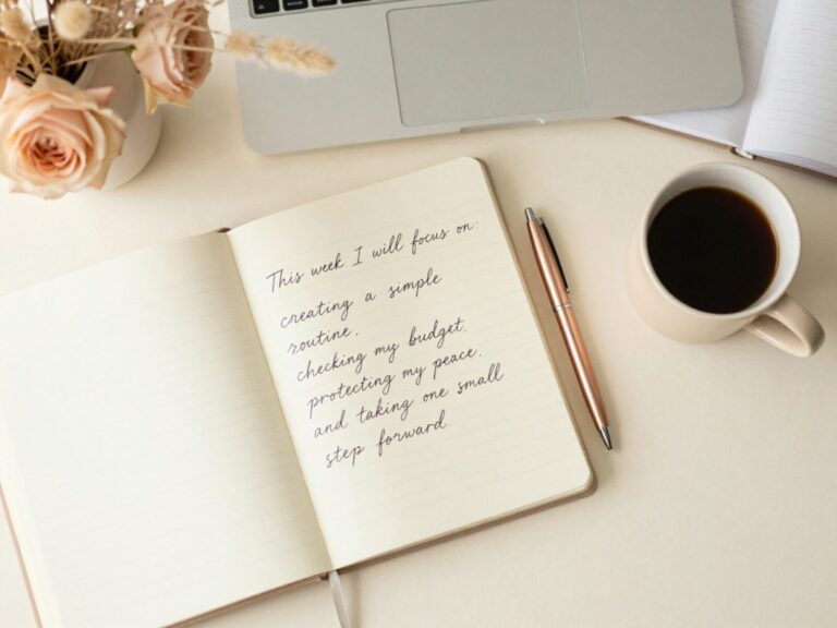 Planner, journal, coffee, and laptop on a soft neutral desk representing rebuilding life after divorce with practical steps.