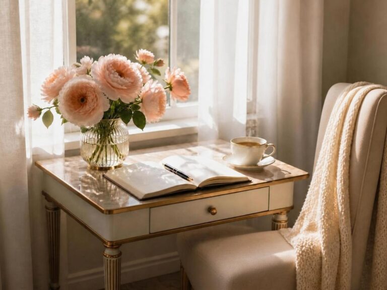 Peaceful morning scene with an open journal, flowers, and sunlight representing a soft next chapter after divorce.