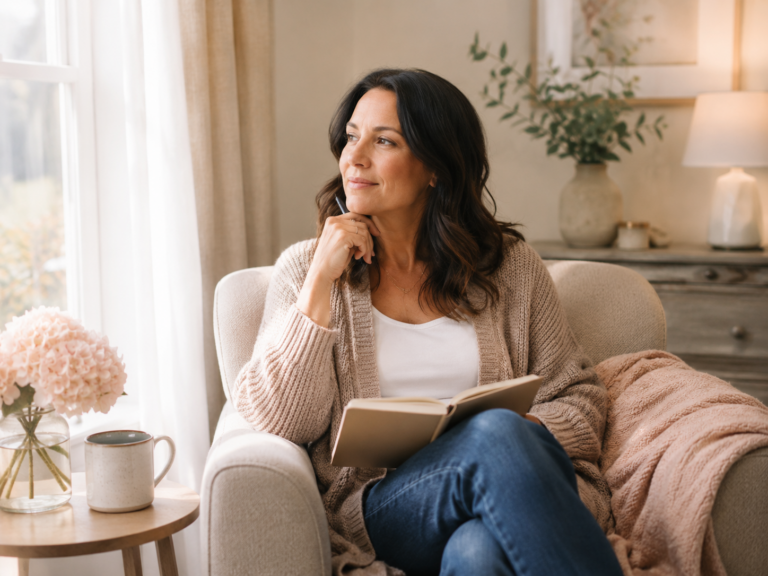 Woman journaling by a bright window while healing after divorce and starting over