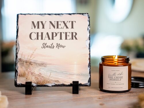 Next Chapter Encouraging Gifts for Divorced Women Thoughtful divorced gift set with a blush coastal slate and “Smells Like She Chose Herself” candle, designed to celebrate independence, healing, and a hopeful fresh start.