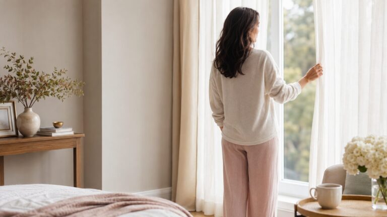 Woman welcoming a peaceful morning while learning to embrace being alone after divorce.