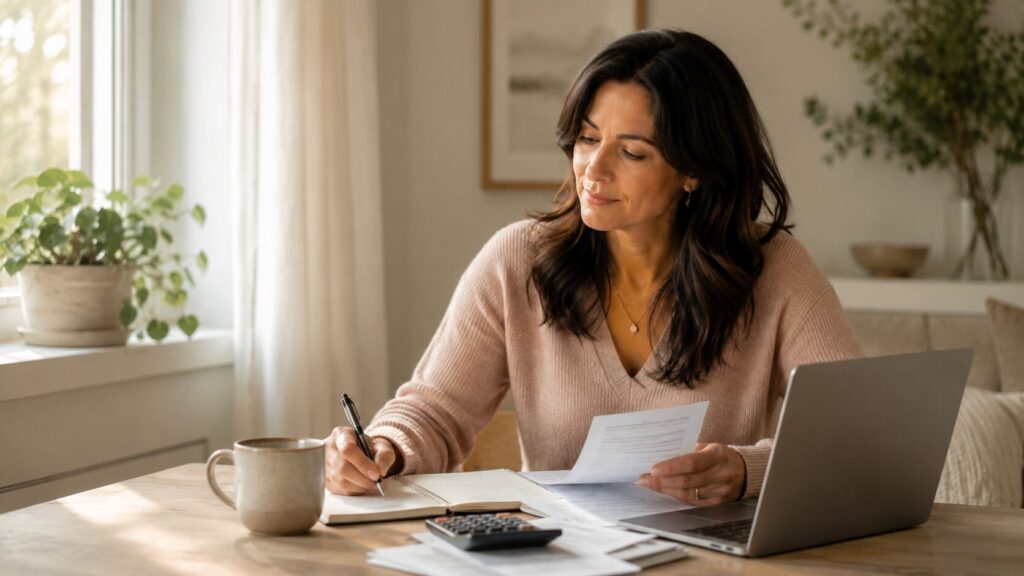 Woman reviewing bills and creating a basic budget as she builds confidence and financial independence after divorce.