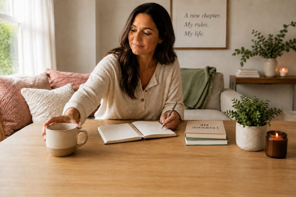 Woman reaching for her morning coffee while creating peaceful new routines and a home that feels like her own after divorce.
