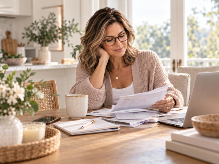 Woman reviewing household finances at home while building financial confidence and independence after divorce.