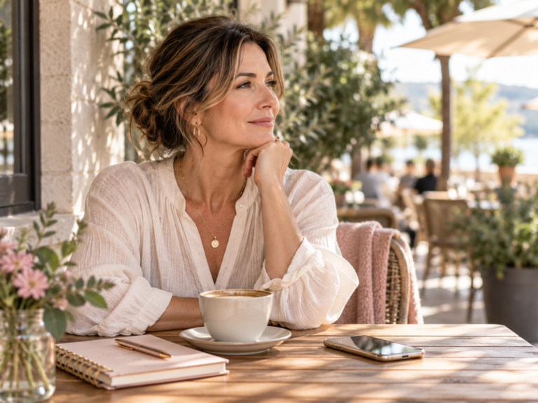 Woman sitting calmly at a café after setting a boundary, representing confidence and self-trust after divorce.