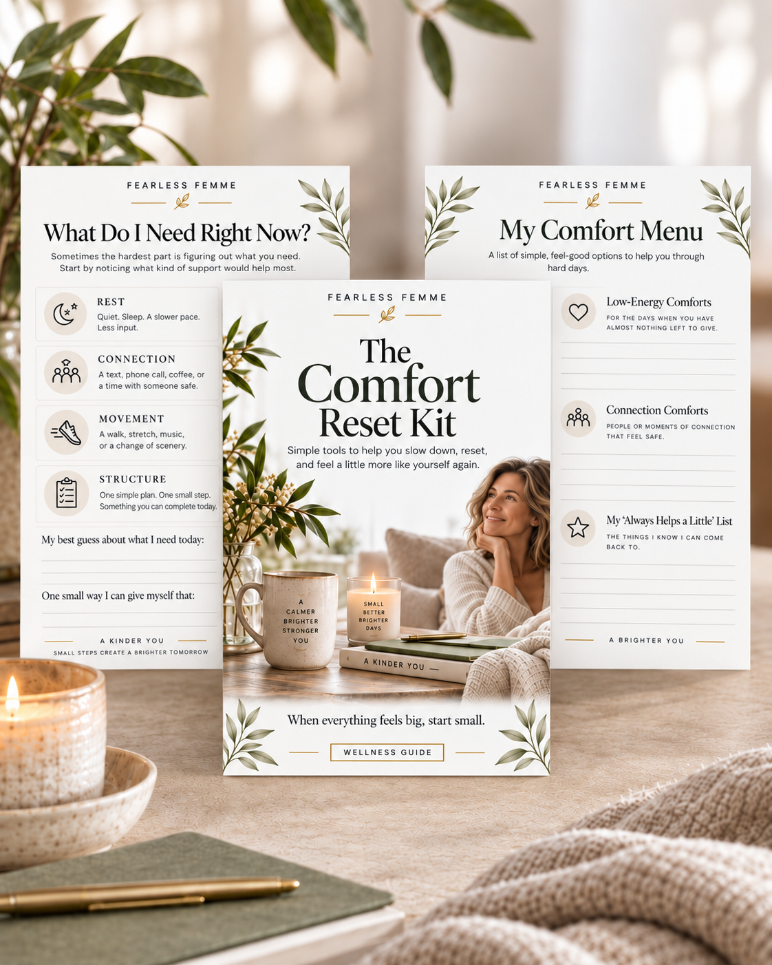 Three Comfort Reset Kit worksheets with a cozy candle, journal, and blanket