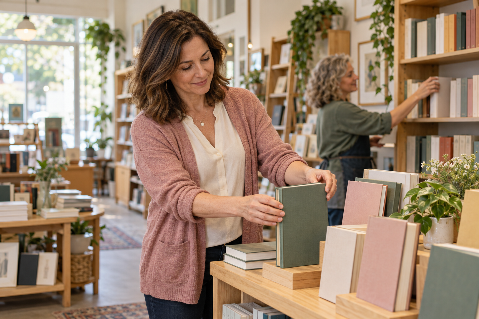 Woman in a rose cardigan arranging books on a display in a bright independent bookstore.