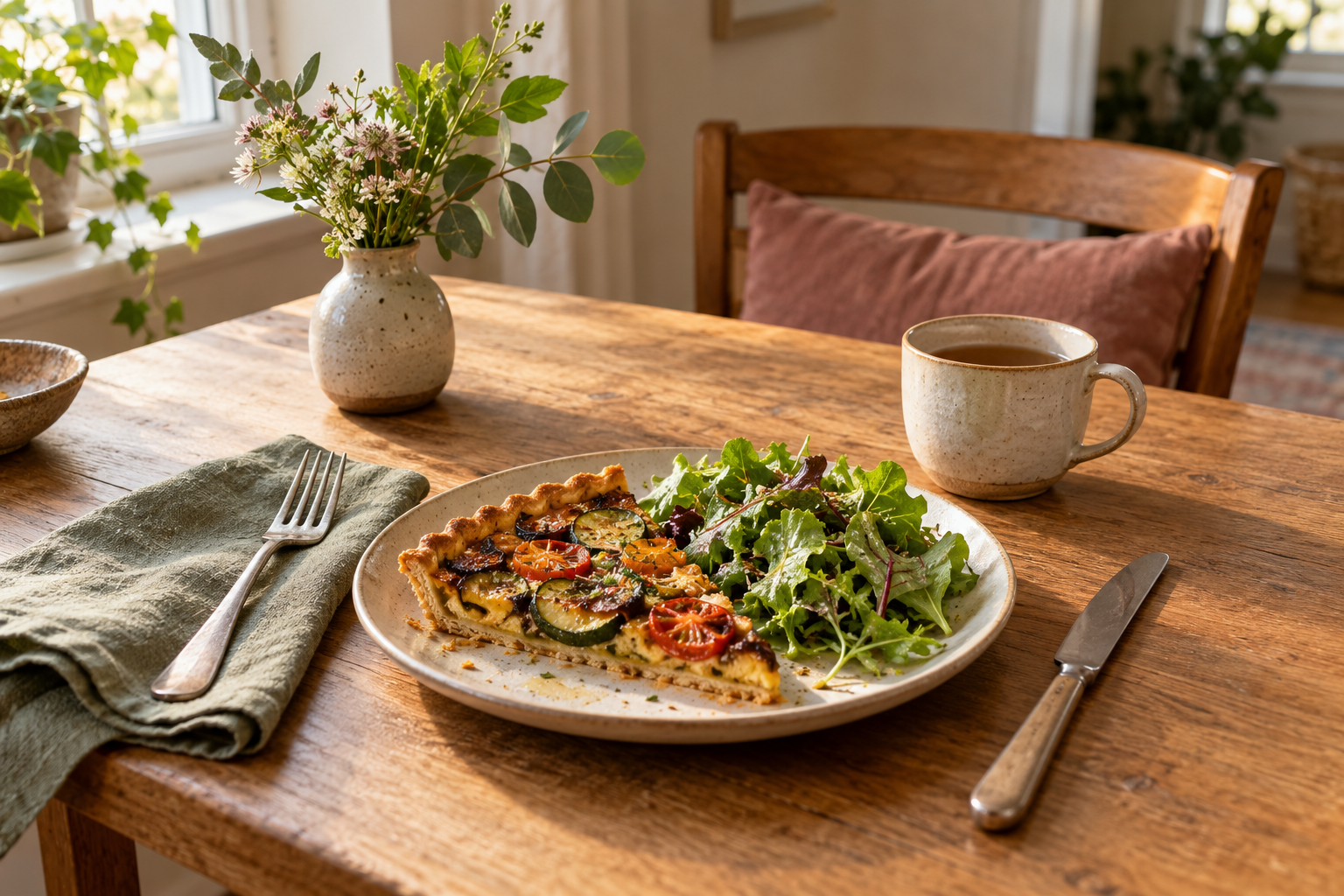 Vegetable tart and salad at one place setting with a mug of tea and a small vase of greenery.