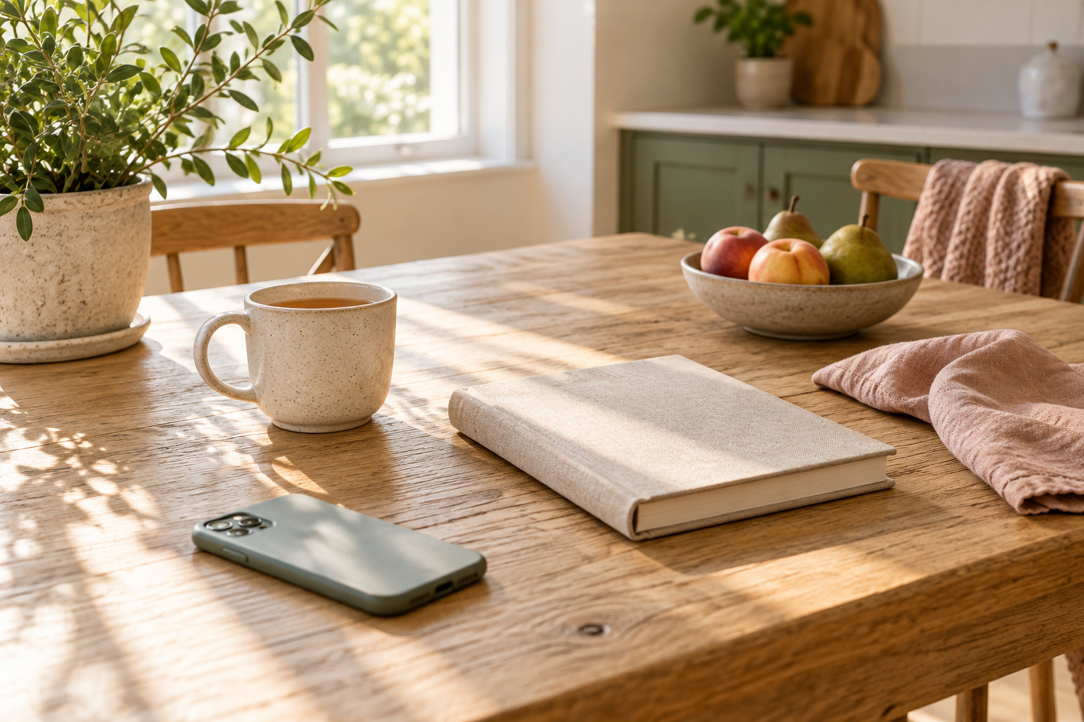 Face-down phone, closed linen planner, tea, and fruit on a sunlit oak table.