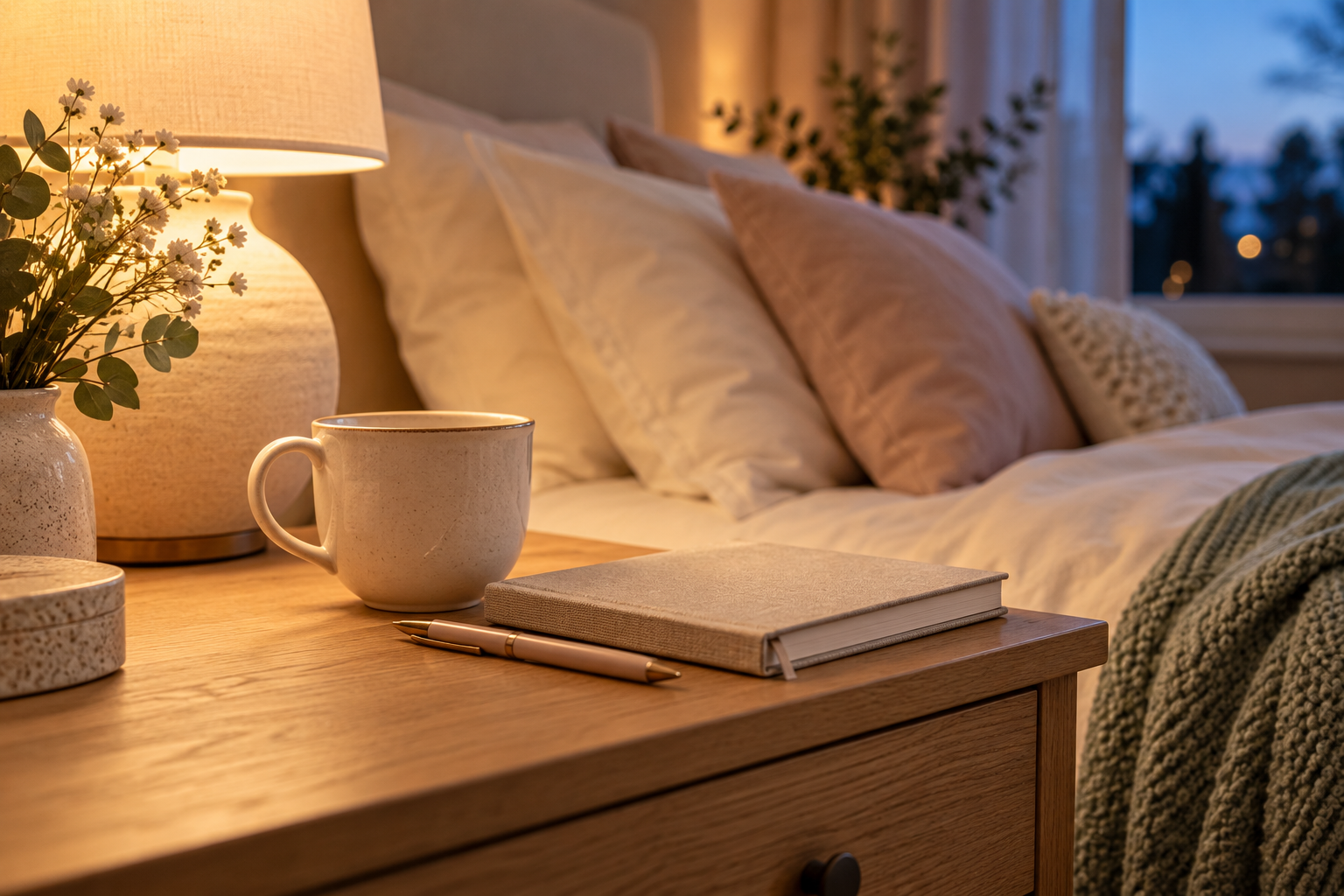 Cream mug, linen-covered journal, and pen on an oak bedside table beside a glowing lamp.