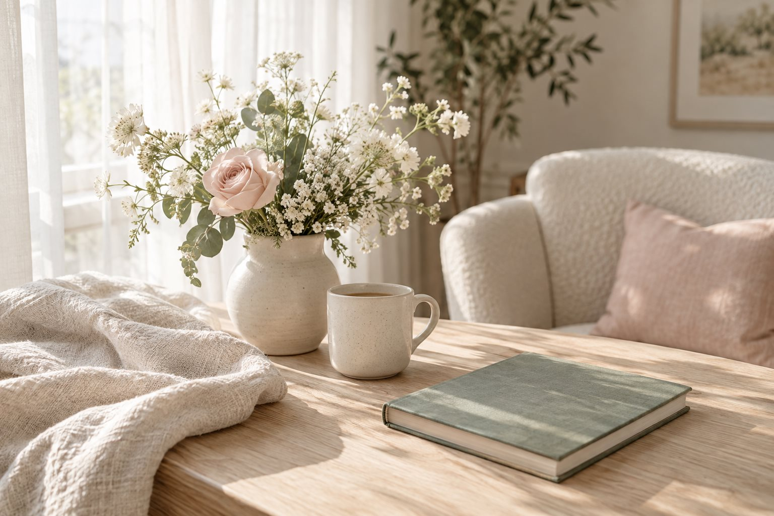 Flowers, a cup, and a sage journal in soft morning light.