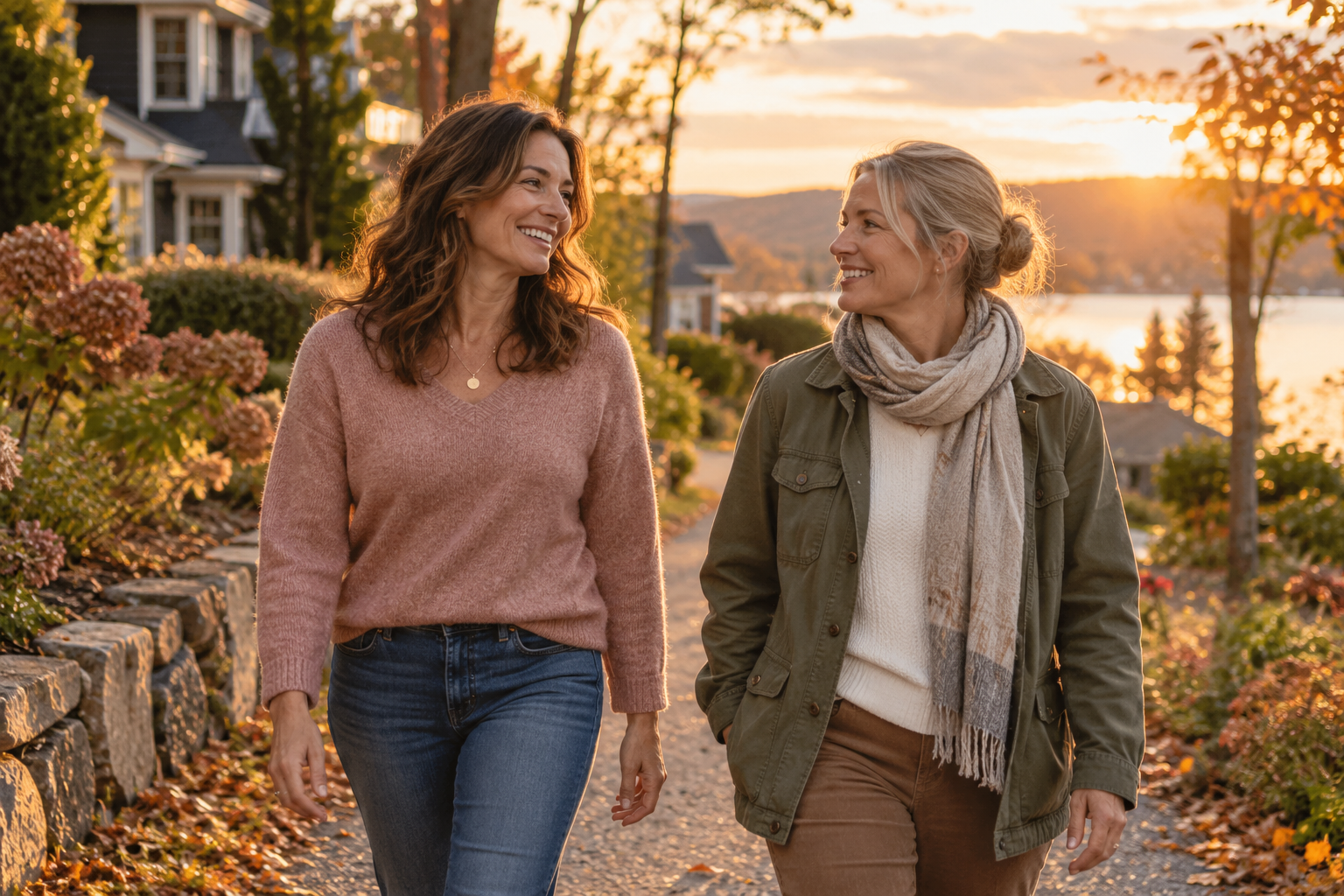 Two women in blush and sage clothing walking together on a neighborhood path at sunset.