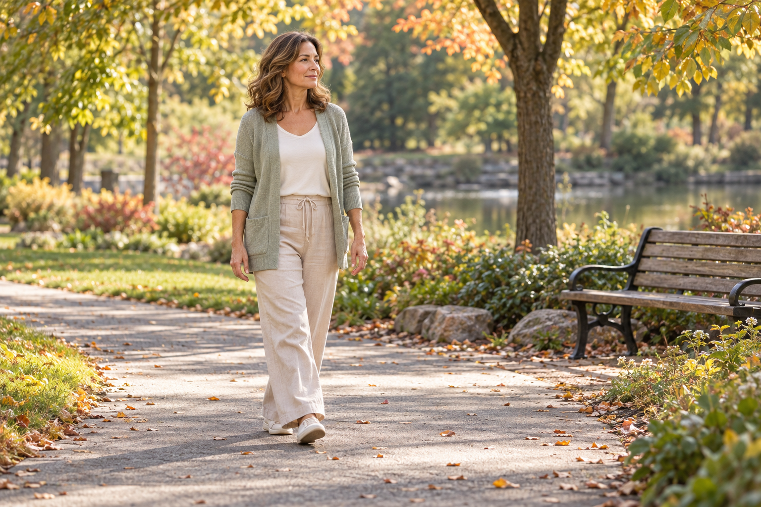 Woman in a sage cardigan taking a slow walk along a sunlit autumn park path.