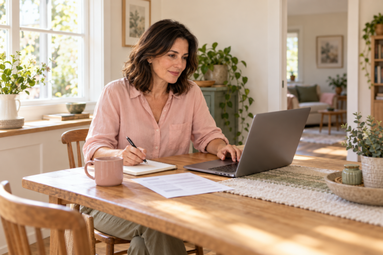 Woman in a blush blouse writing beside a laptop and résumé at a bright oak dining table.