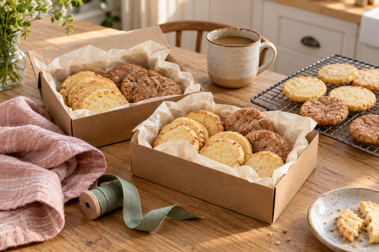 Two paper-lined gift boxes of cookies beside a cooling rack, mug, and green ribbon.