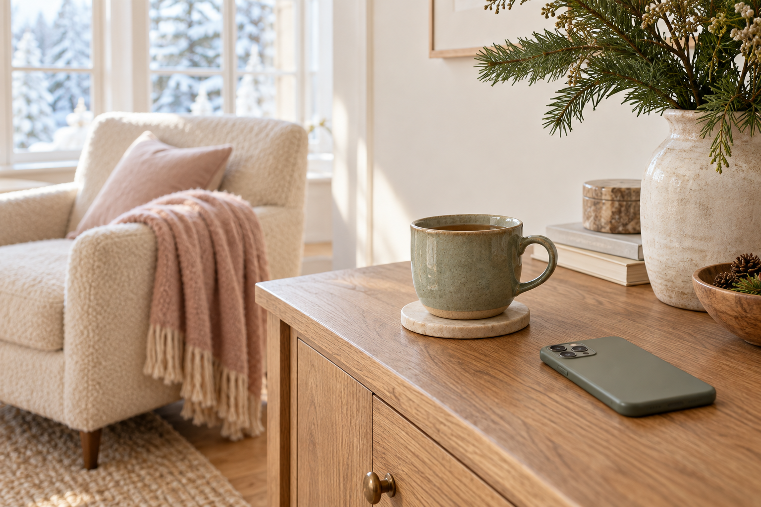Phone face down beside a mug and evergreen branches near an armchair with a blush throw.
