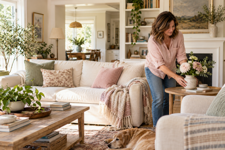 Woman arranging flowers beside a cream sofa in a bright living room.