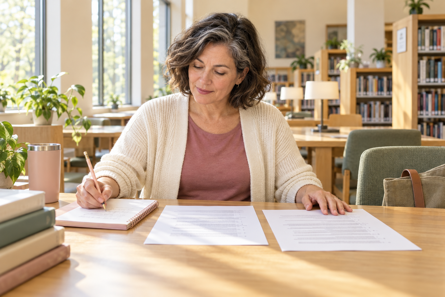 Woman in a cream cardigan comparing job descriptions and writing a skills list at a library table.