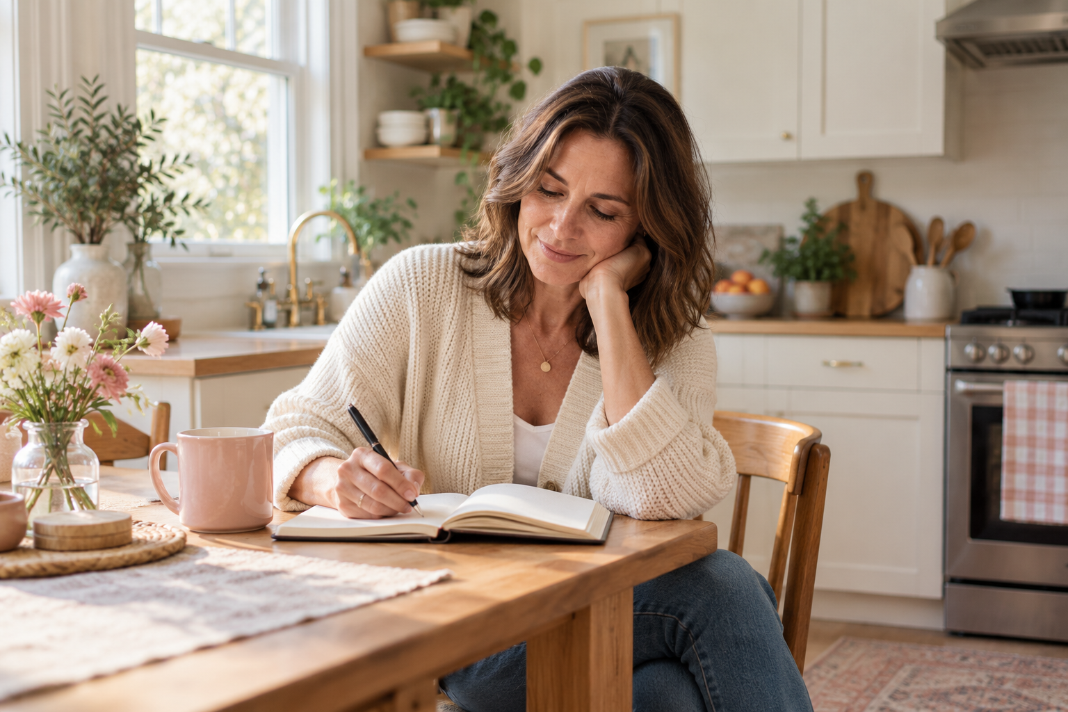 Woman writing in a notebook at a sunlit kitchen table beside a blush mug.