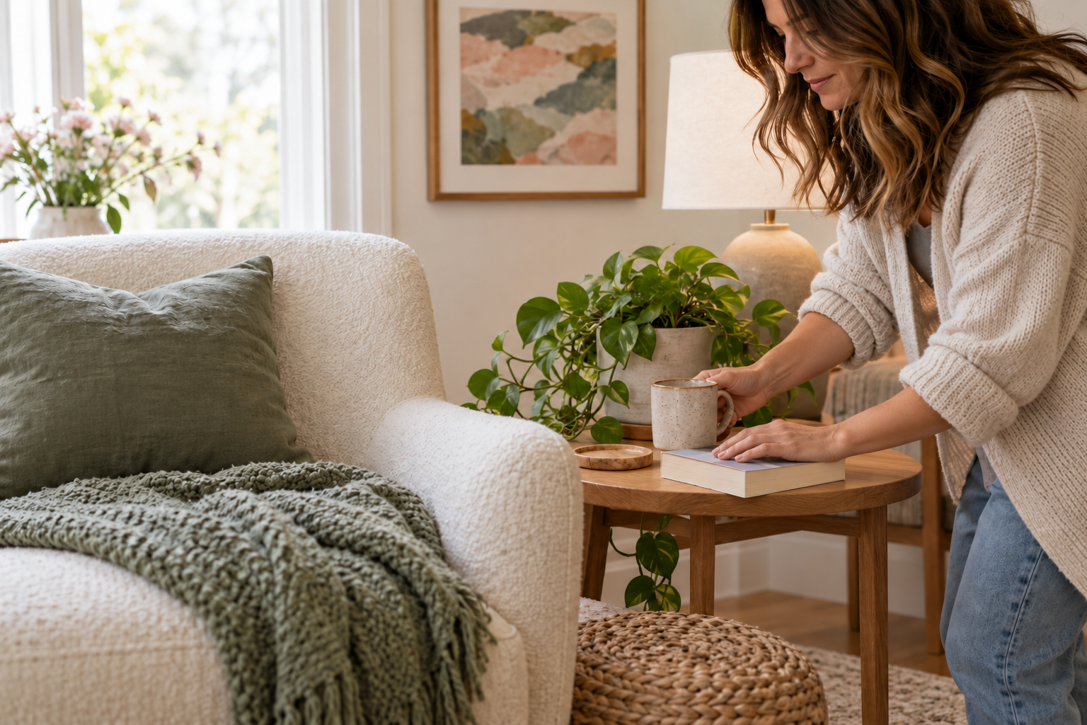Woman arranging a mug and book beside a cream armchair with a sage throw.