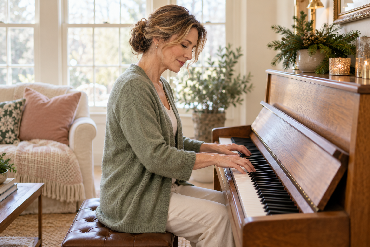 Woman in a sage cardigan seated at an upright wooden piano with both hands on the keys in a bright living room.
