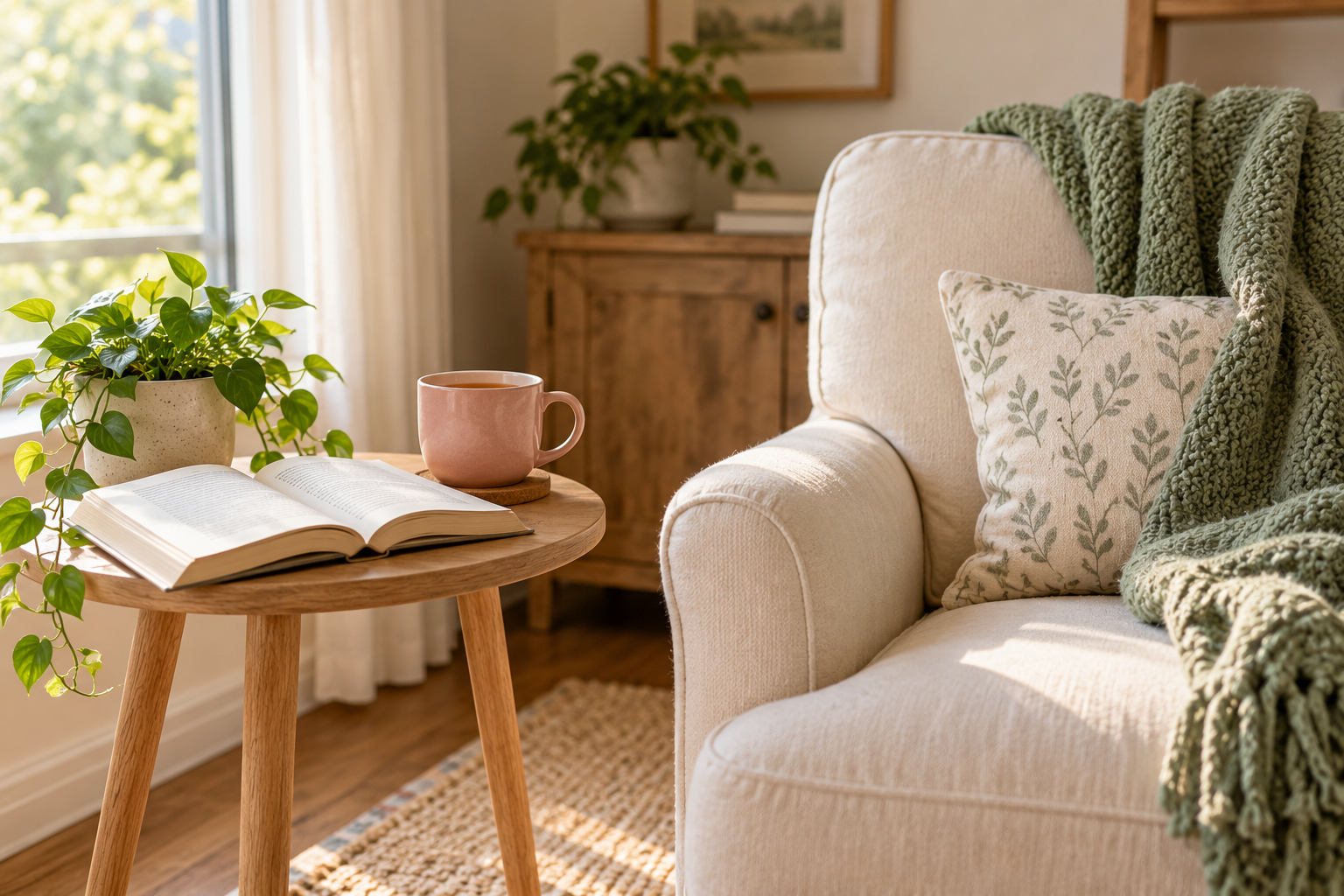 Open book and blush mug on an oak table beside a cream armchair with a sage throw.