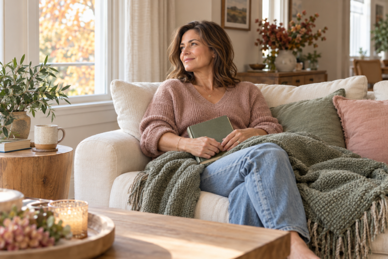 Woman in a blush sweater resting on a cream sofa with a closed book in her lap.