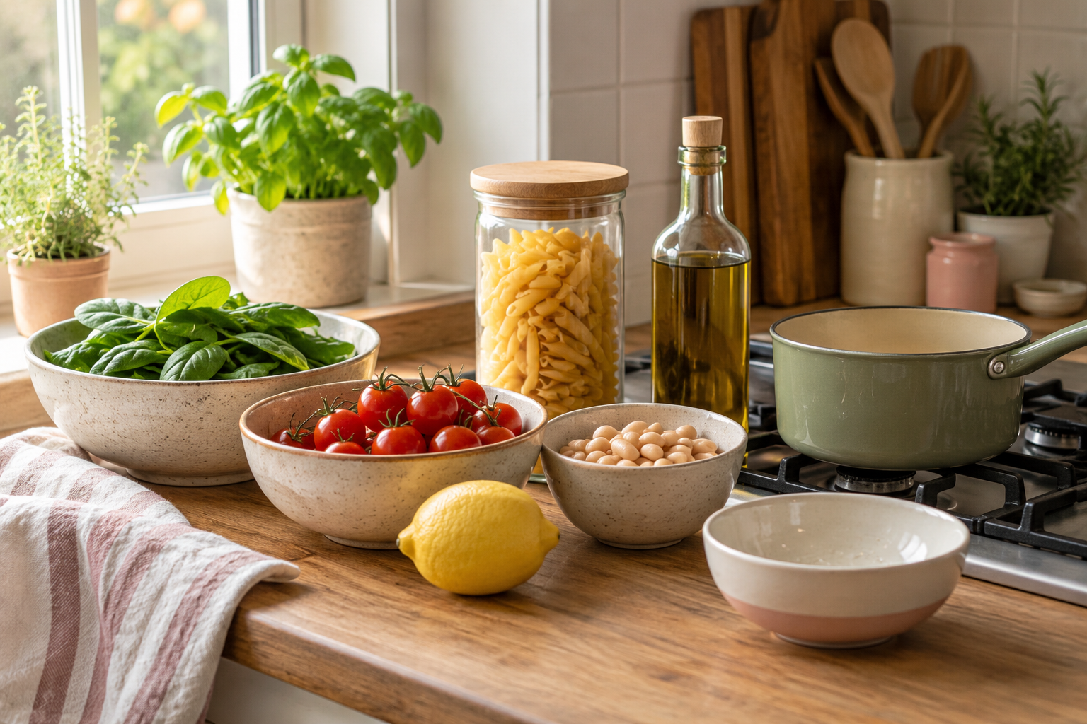 Spinach, cherry tomatoes, white beans, pasta, lemon, and olive oil beside a sage saucepan.