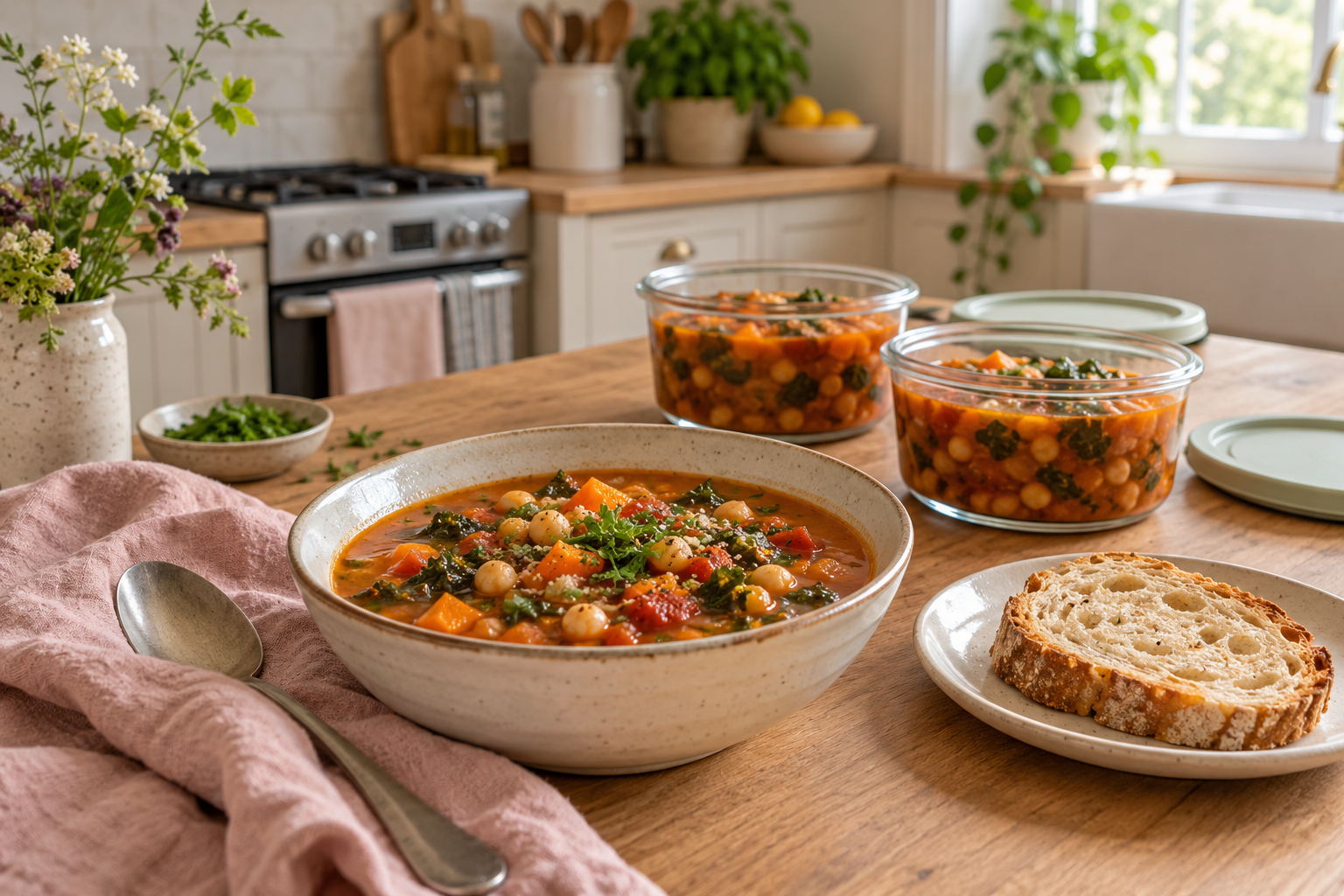 Chickpea and vegetable soup with bread beside two individual food storage containers.