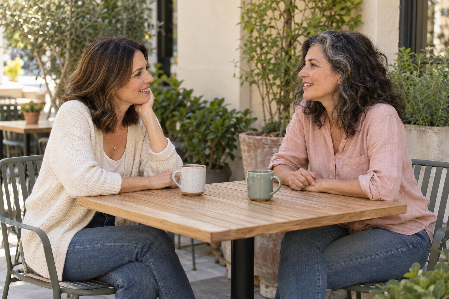 Two women in cream and blush tops chatting over ceramic mugs at an outdoor cafe table.
