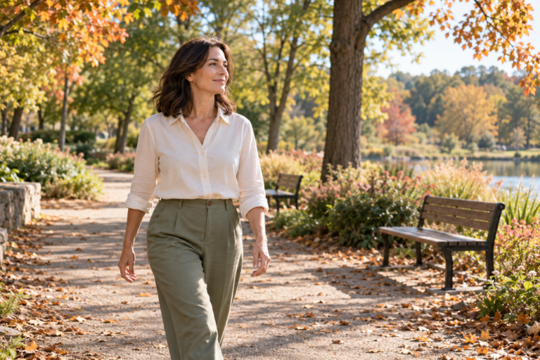 Woman in a cream shirt and sage trousers walking along a sunlit autumn park path.